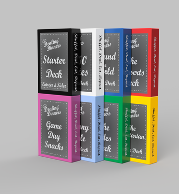 The full collection of Dealing Dinners decks stacked together
